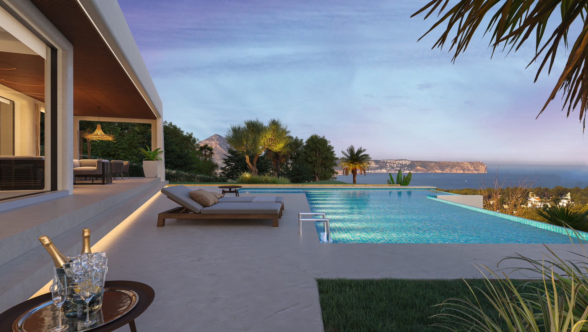 Terraza con piscina infinita y vistas panorámicas al mar en Jávea. Solárium con tumbonas y zona de estar cubierta.