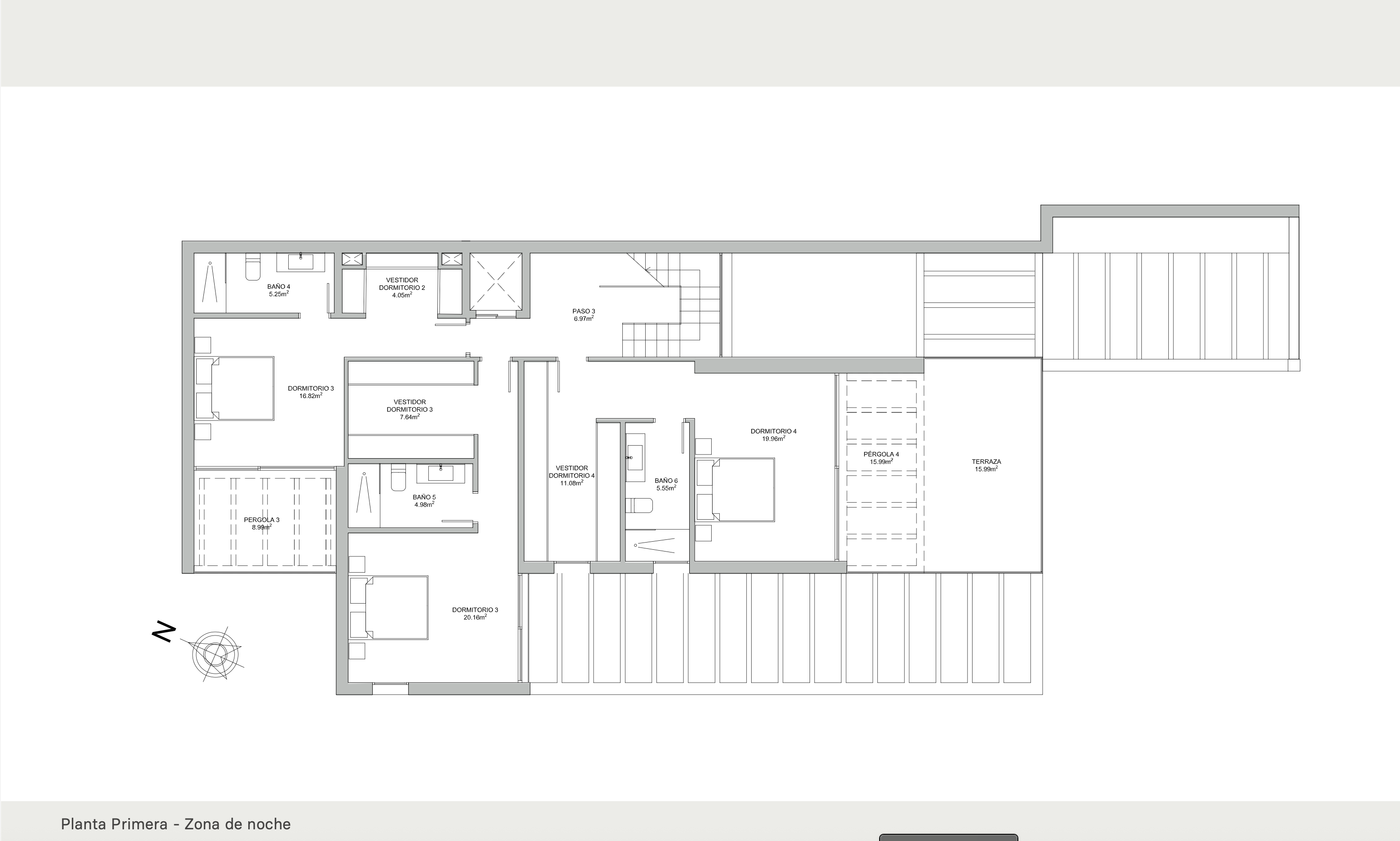 Plano detallado de la planta primera que muestra tres dormitorios en suite con vestidores privados y acceso a terrazas exteriores y pérgolas.