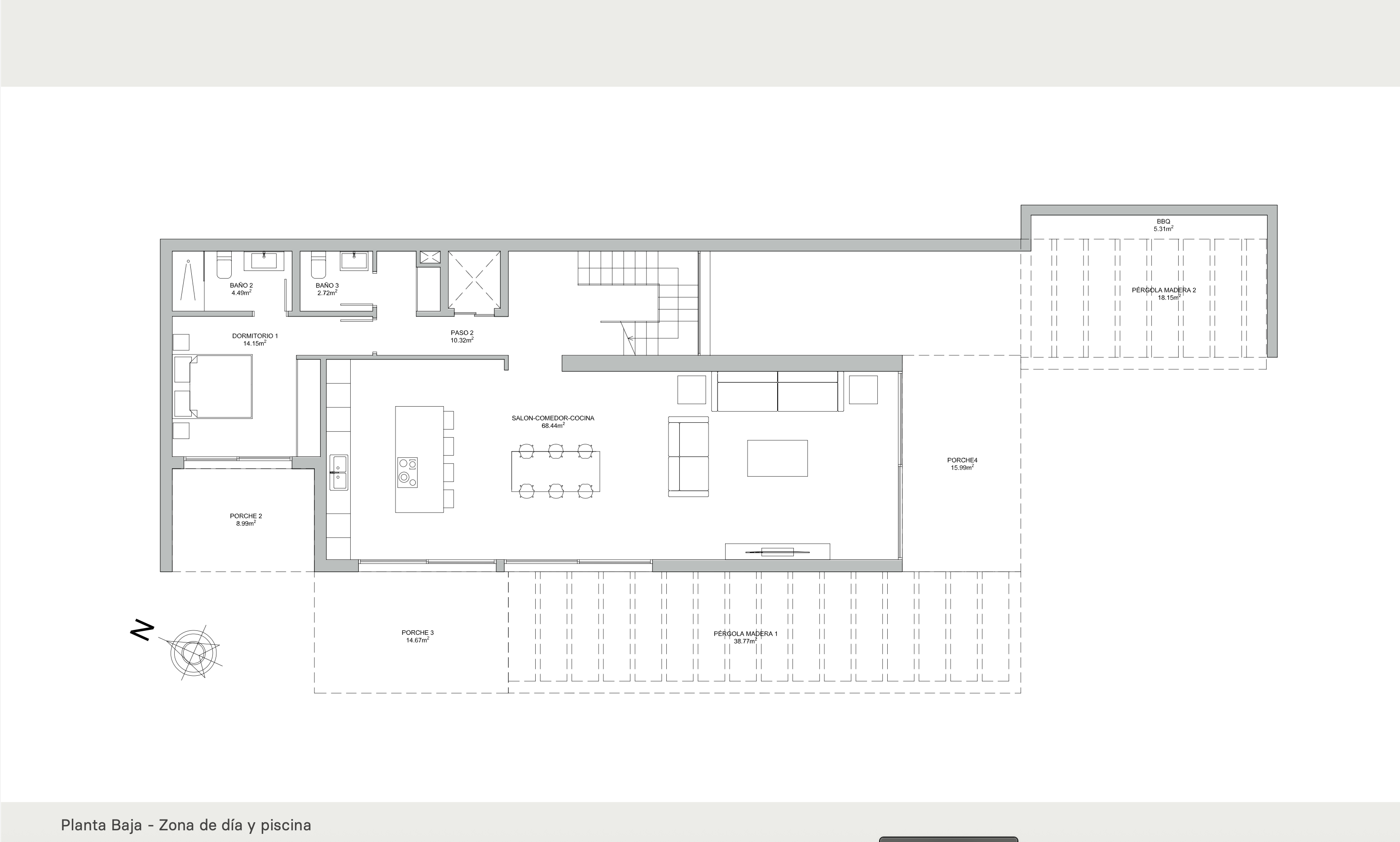 Plano técnico de la planta baja que detalla una zona de día de 68m², un dormitorio en suite, varias terrazas cubiertas y una zona de barbacoa exterior.