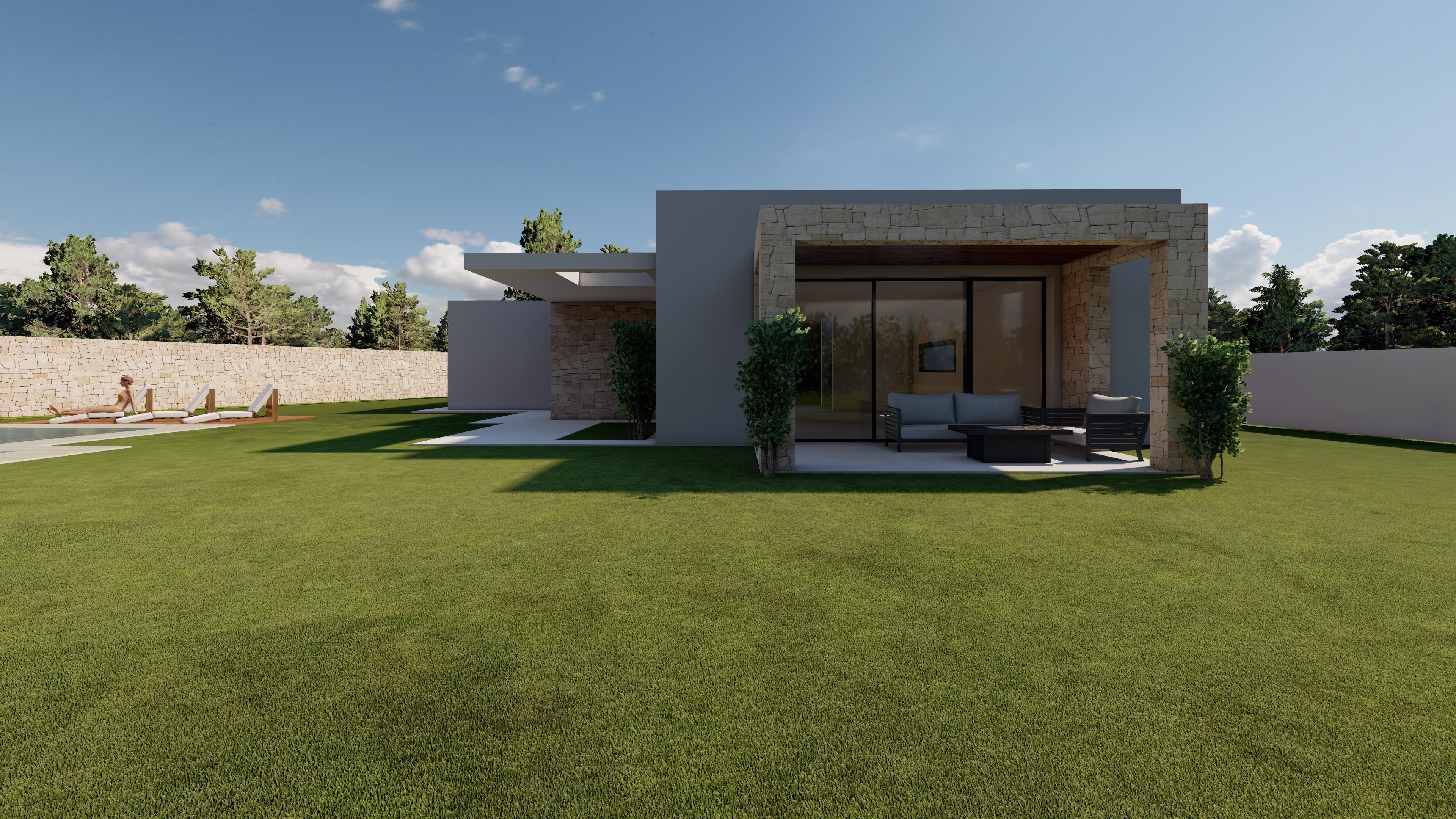 Exterior de villa moderna con amplio jardín de césped, porche revestido en piedra natural con mobiliario de exterior y zona de piscina con tumbonas al fondo.