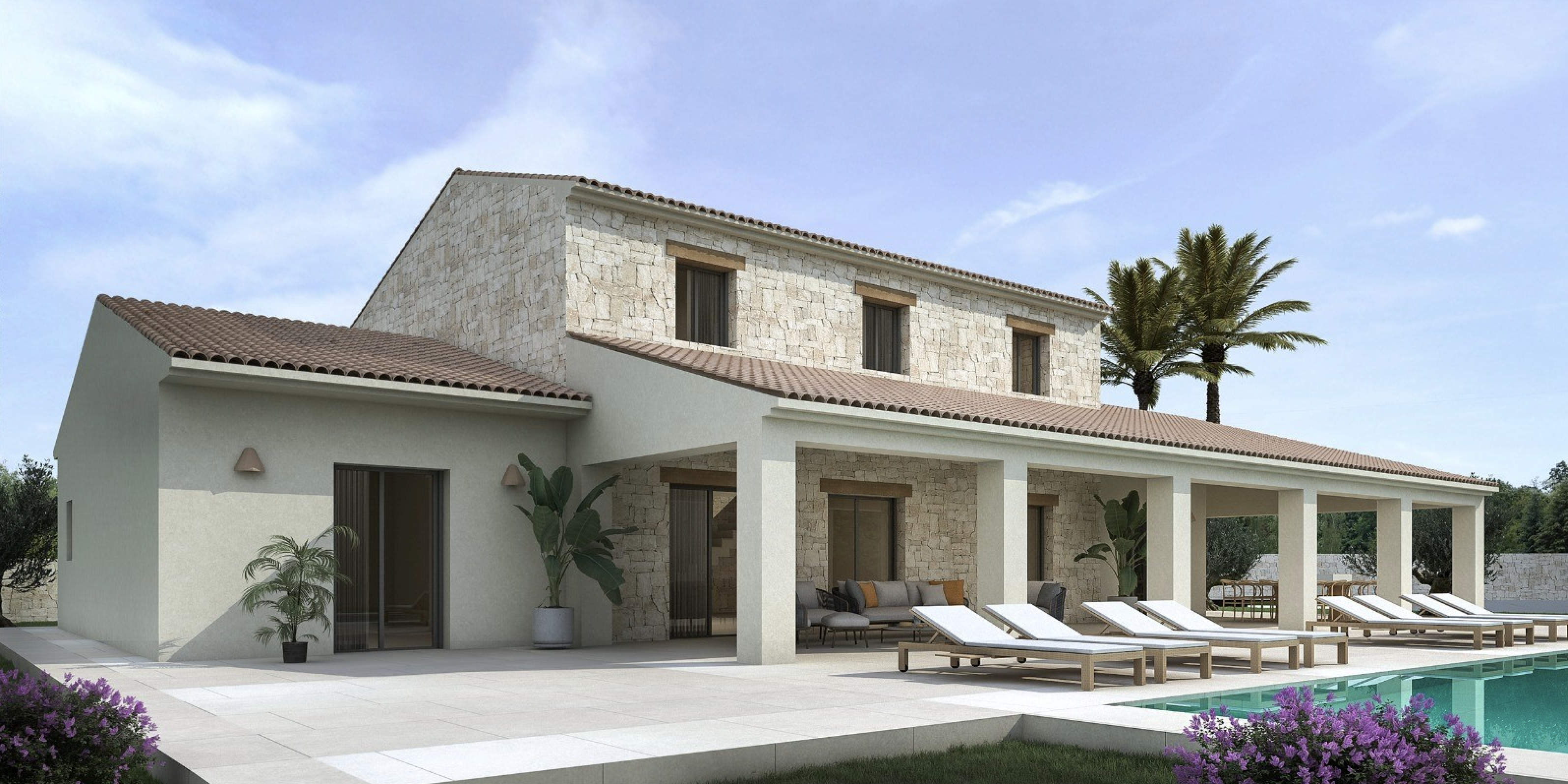 Fachada de piedra natural y mortero liso con porche cubierto, zona de estar exterior y piscina rodeada de una amplia terraza de gres porcelánico y vegetación.