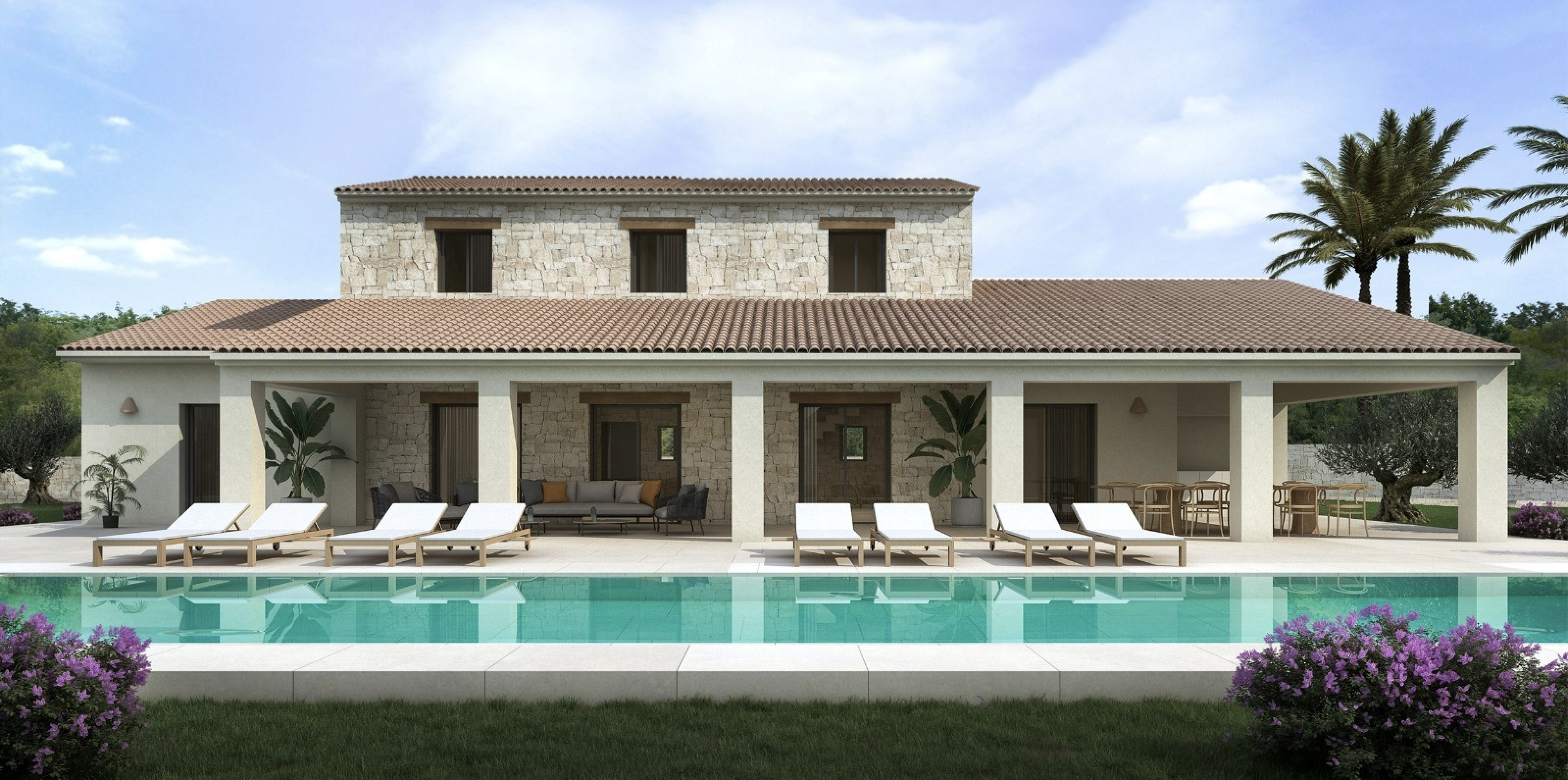 Fachada mediterránea de piedra y estuco con amplia terraza cubierta, piscina rectangular y zona de solárium equipada con tumbonas modernas.