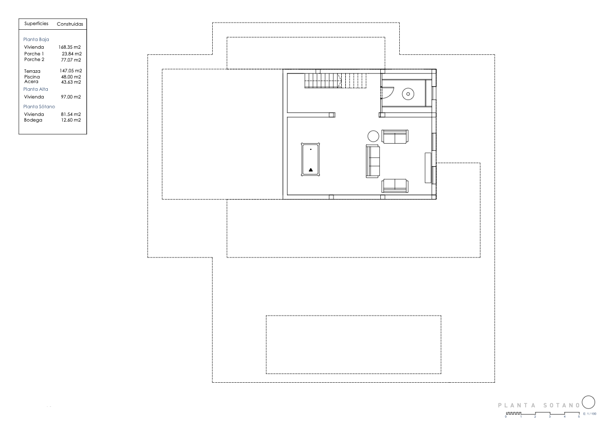 Plano detallado de la planta sótano de 81,54 m², que incluye una zona de ocio con billar, salón y una bodega independiente de 12,60 m².