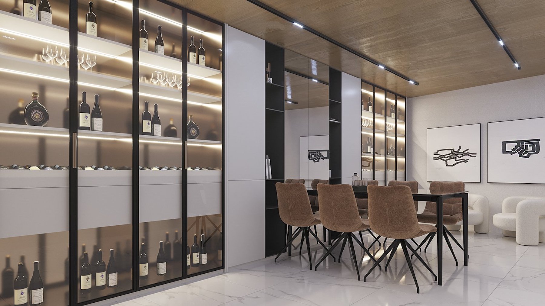 Bodega contemporánea con vitrinas de vidrio retroiluminadas, techos de madera con iluminación técnica y una zona de cata con mobiliario de diseño sobre suelo de mármol.