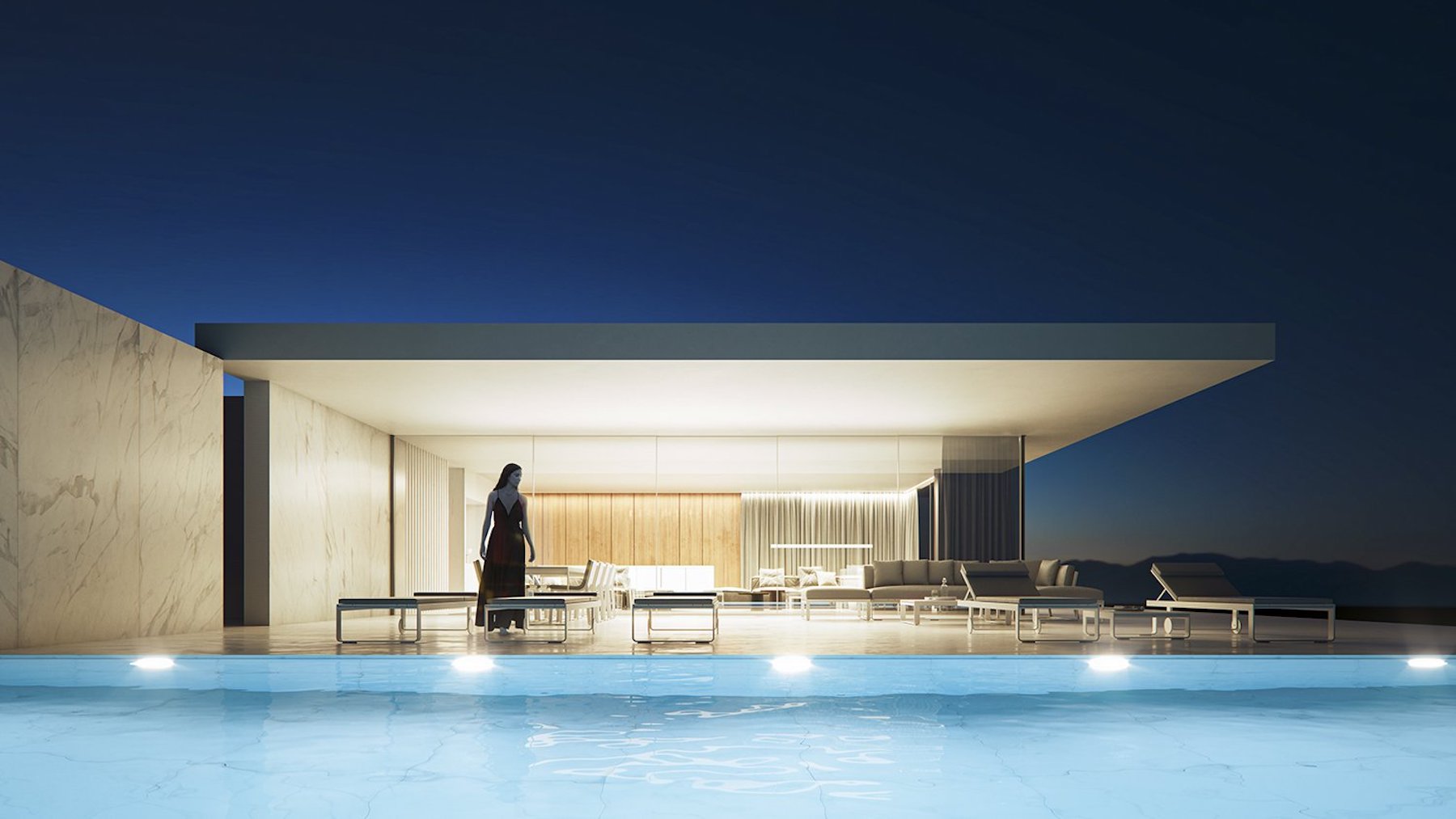 Terraza exterior con piscina iluminada y un amplio porche cubierto que integra zonas de comedor y salón bajo una arquitectura de líneas puras y acabados en piedra.