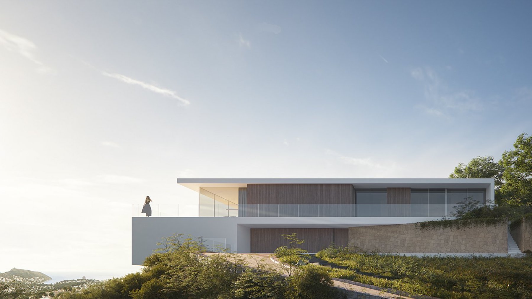 Vista exterior de la villa con fachada de madera y zócalo de piedra, destacando su terraza volada con barandillas de cristal y amplias vistas al paisaje.