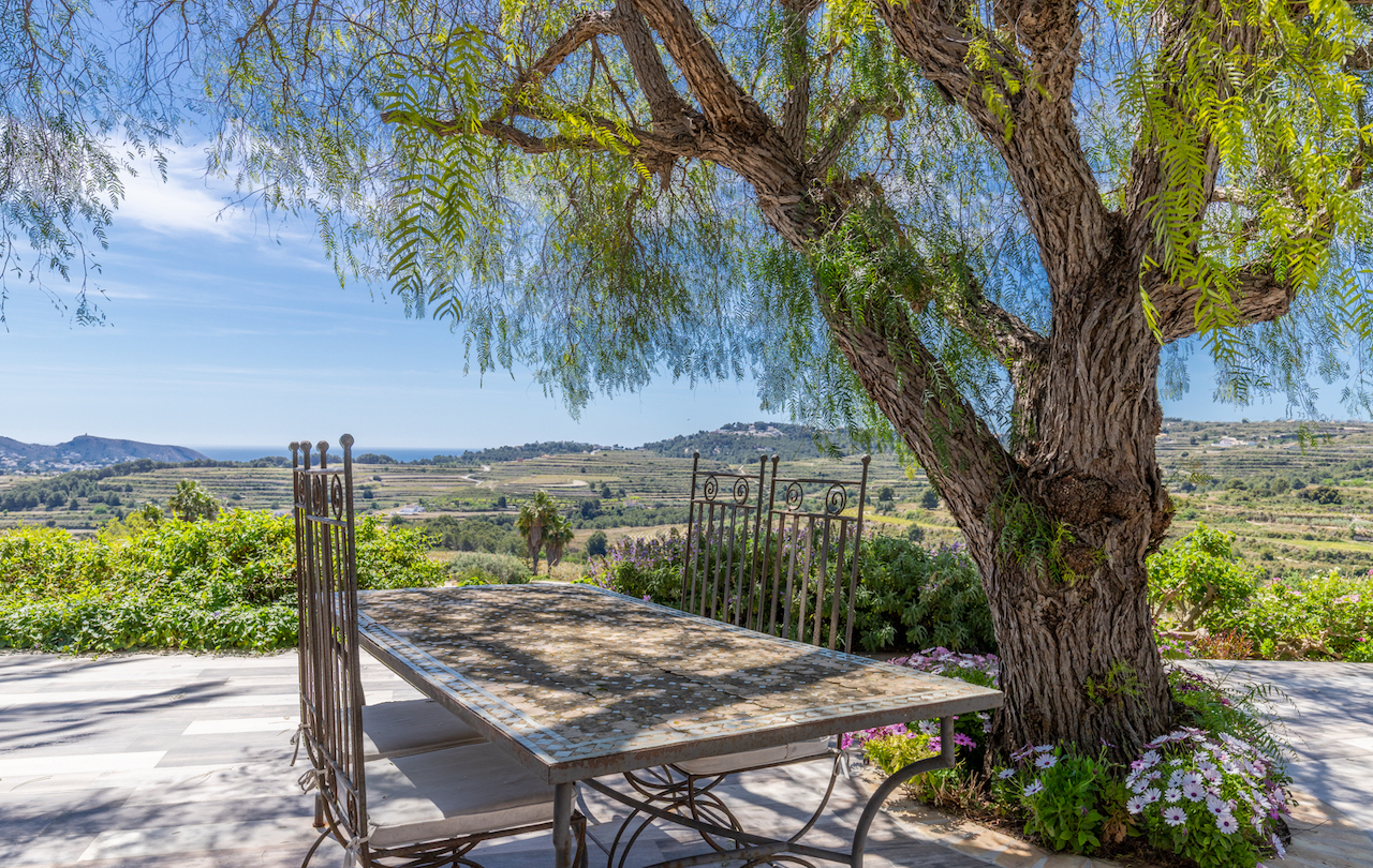 Terraza exterior con mesa de mosaico y sillas de hierro forjado bajo la sombra de un árbol maduro, con vistas panorámicas a los viñedos y el mar Mediterráneo.