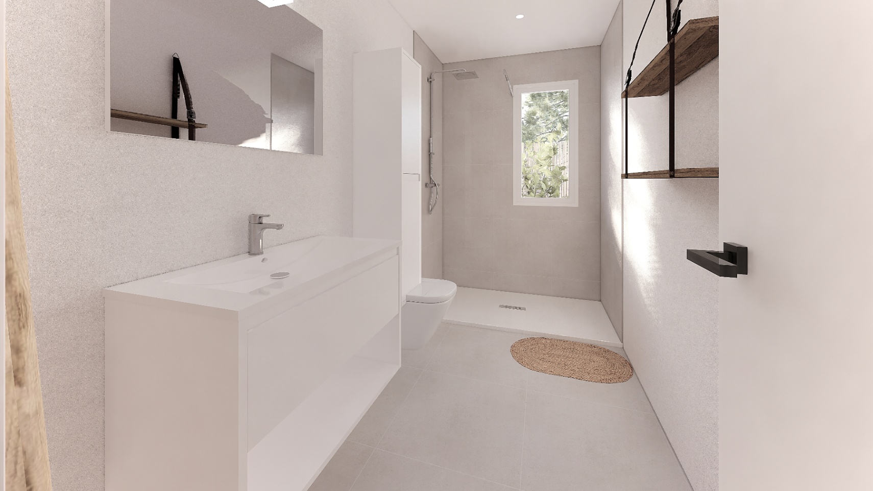 Baño moderno con lavabo blanco integrado, ducha a ras de suelo y estanterías de madera. La ventana aporta luz natural y vistas al jardín mediterráneo.