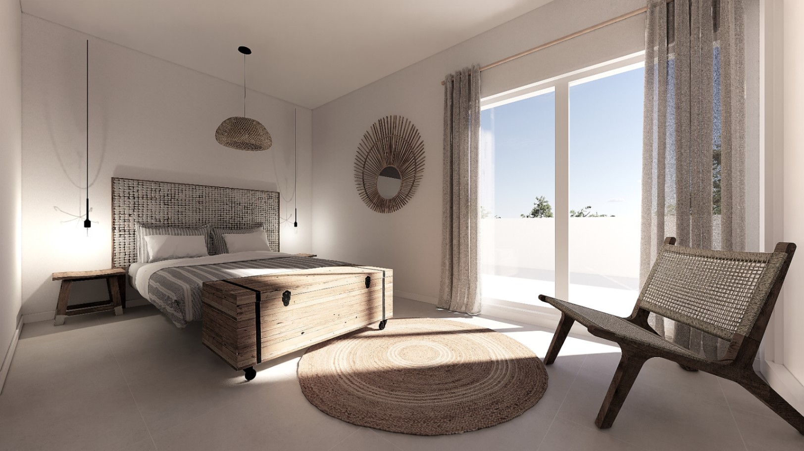 Dormitorio de diseño mediterráneo con cabecero texturizado, baúl de madera y ventanales de suelo a techo que inundan el espacio de luz natural.