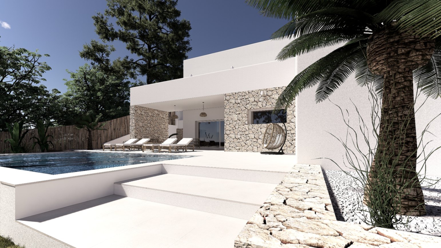 Exterior con piscina, fachada blanca y muros de piedra natural. Incluye una terraza con tumbonas y un sillón colgante bajo el porche cubierto.