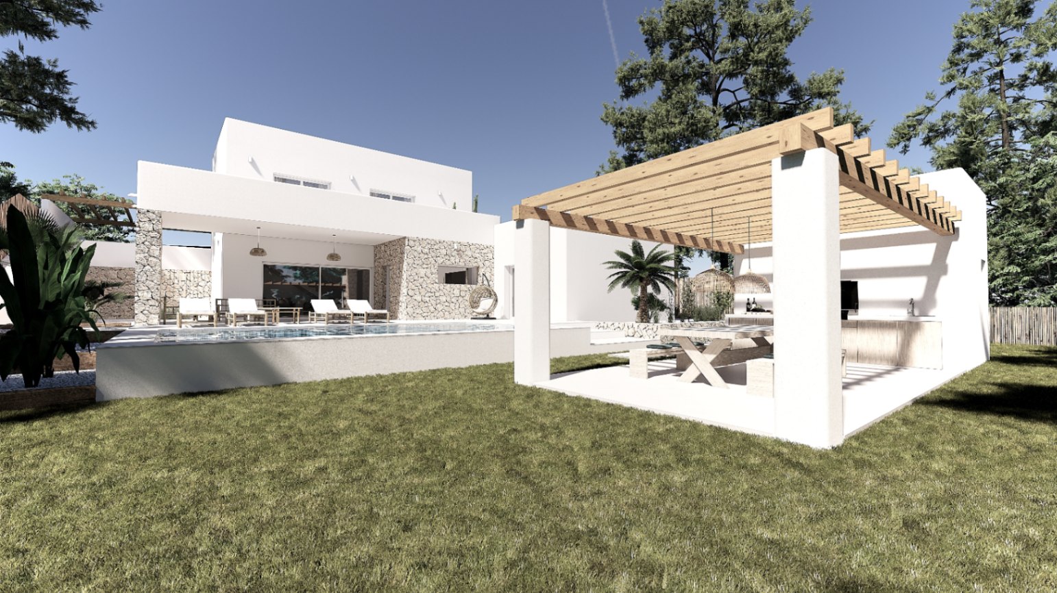 Exterior de la villa con piscina, zona de césped y una pérgola de madera que alberga la cocina exterior y comedor de verano, integrada en muros de piedra natural.