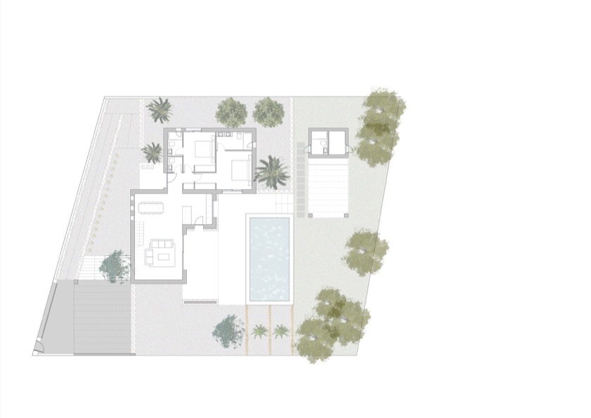 Plano general de la propiedad que muestra la distribución interior de la vivienda, la zona de piscina, las terrazas exteriores y el diseño del jardín mediterráneo.