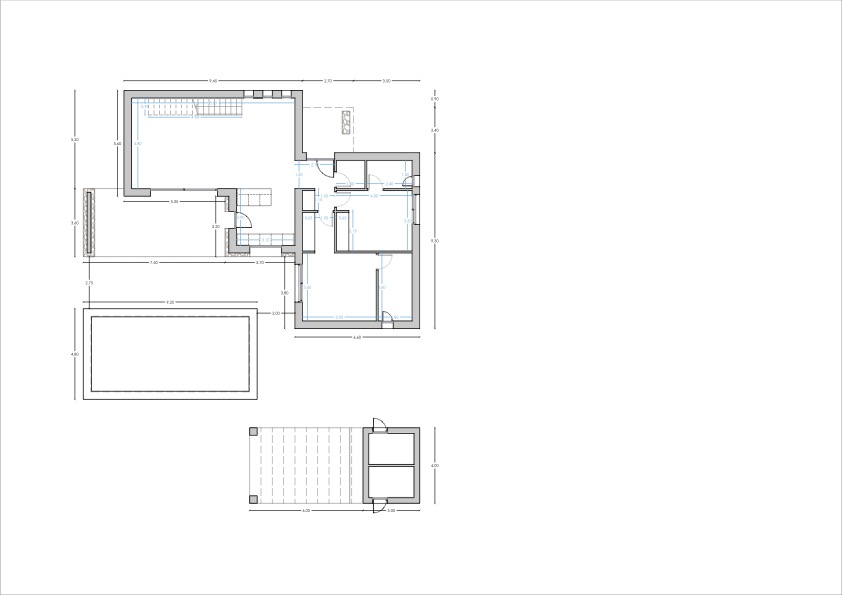Plano técnico detallado de la planta baja que muestra la distribución de estancias, zona de piscina y pérgola exterior con medidas precisas.