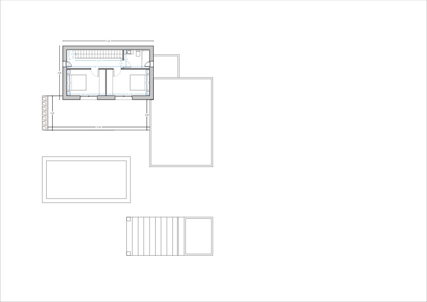 Plano técnico detallado que muestra la distribución de la planta superior con dos dormitorios, baño, escalera interna y la proyección de las terrazas exteriores y piscina.
