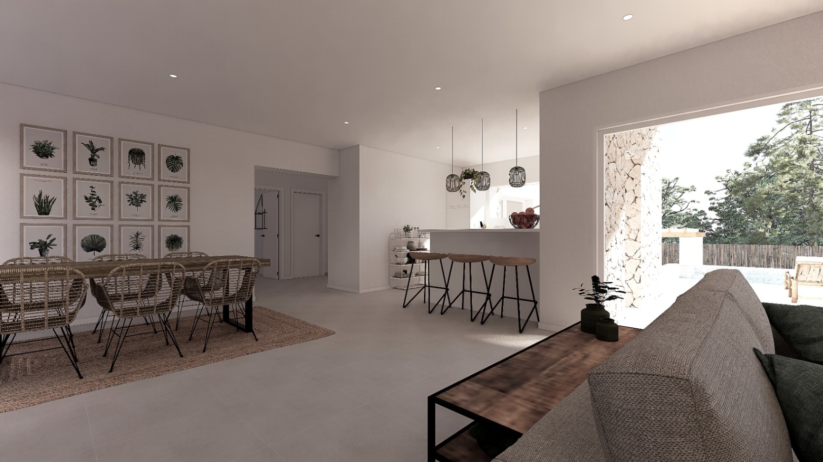 Zona de comedor de planta abierta con mesa de madera, sillas de mimbre y barra de cocina integrada, conectada directamente a la terraza mediante amplios ventanales.
