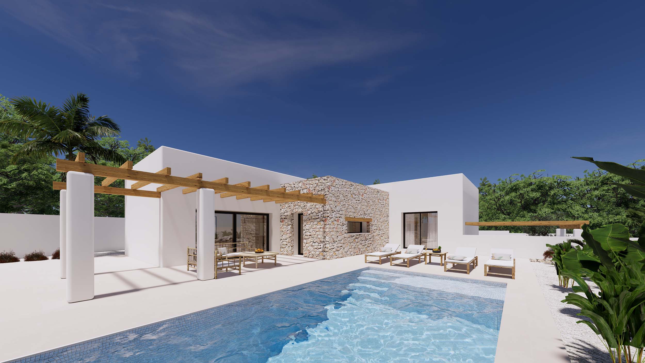 Exterior con piscina de mosaico azul, terraza pavimentada y pérgola de madera. La fachada combina muros blancos lisos con mampostería de piedra natural.