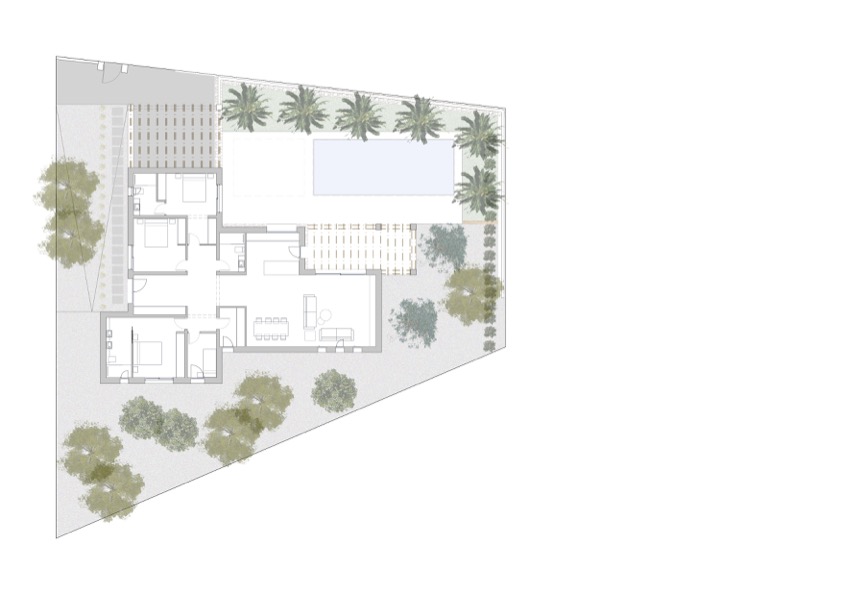 Plano de planta y emplazamiento que detalla la distribución de cuatro dormitorios, zona social diáfana y exteriores con piscina, pérgola y jardines.