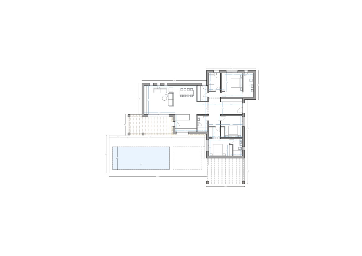 Plano técnico detallado de la planta baja que muestra la distribución de cuatro dormitorios con baño, salón-comedor abierto y zona exterior con piscina y pérgola.