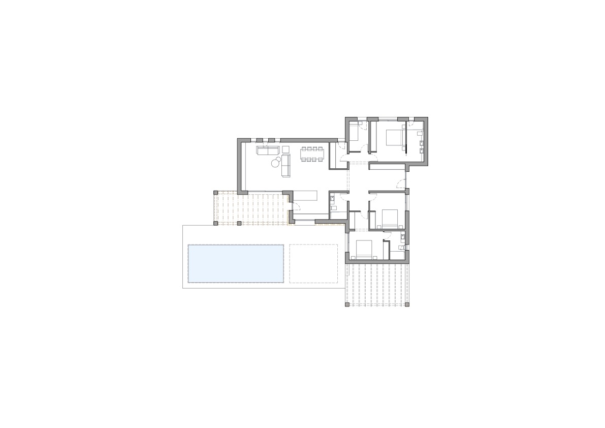 Plano técnico que ilustra la distribución funcional de la vivienda, destacando cuatro dormitorios en suite, salón-comedor abierto y zona exterior con piscina y pérgolas.