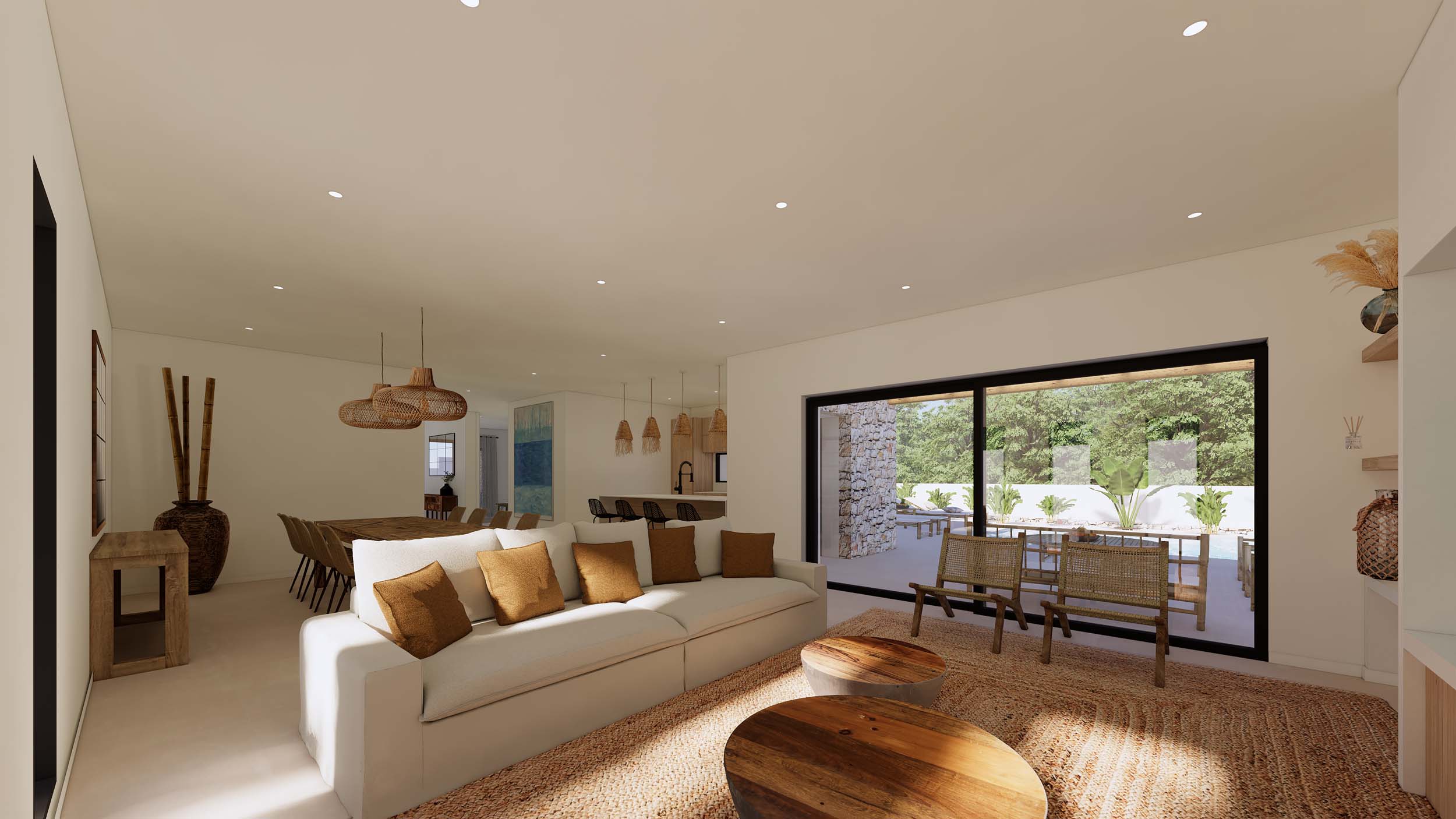 Salón luminoso de concepto abierto con mobiliario en tonos tierra, alfombra de yute y grandes ventanales que integran el interior con la terraza y la piscina.