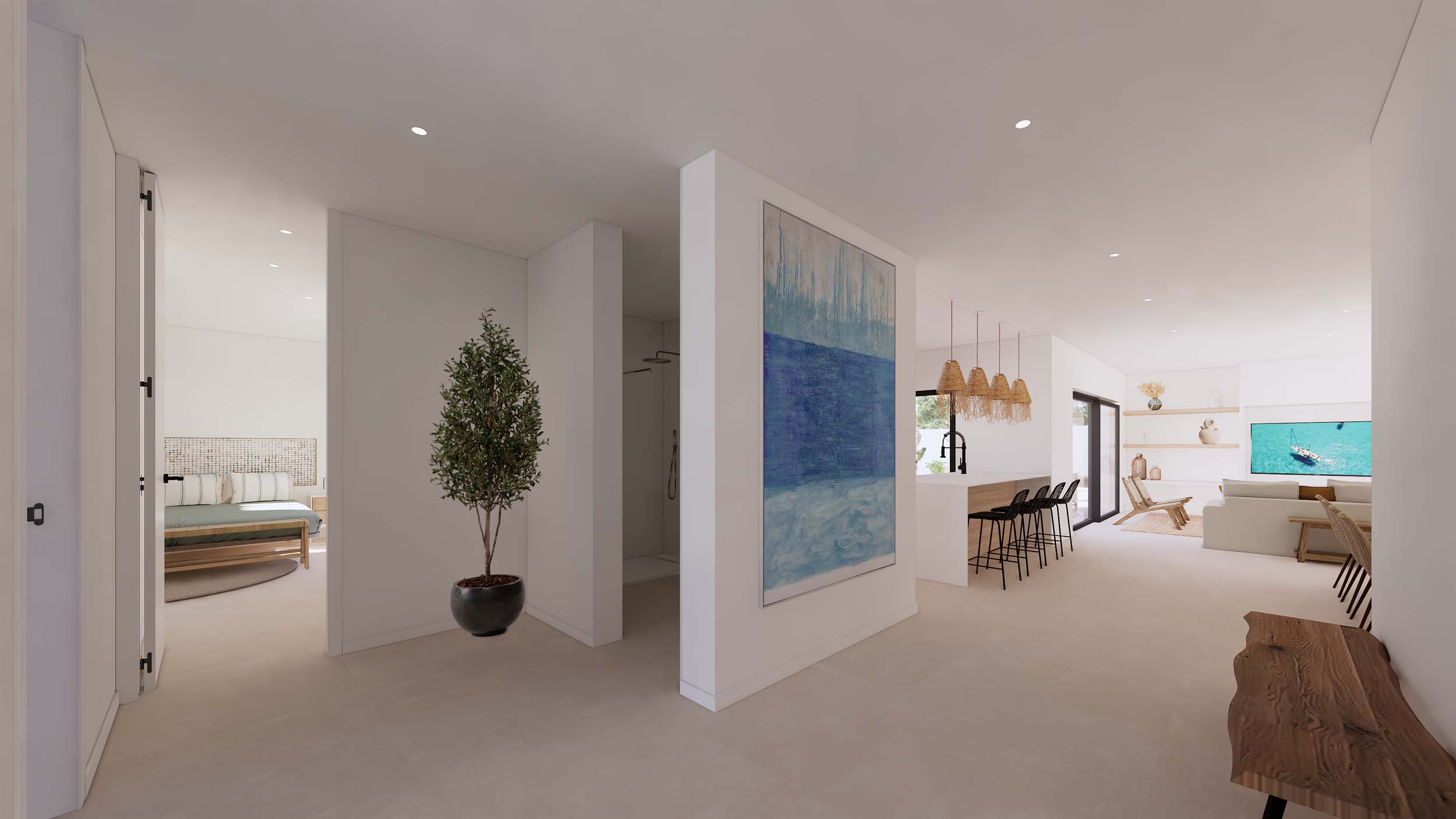 Vista interior fluida que conecta un dormitorio minimalista con la zona de estar de planta abierta, destacando el arte abstracto y la iluminación empotrada.