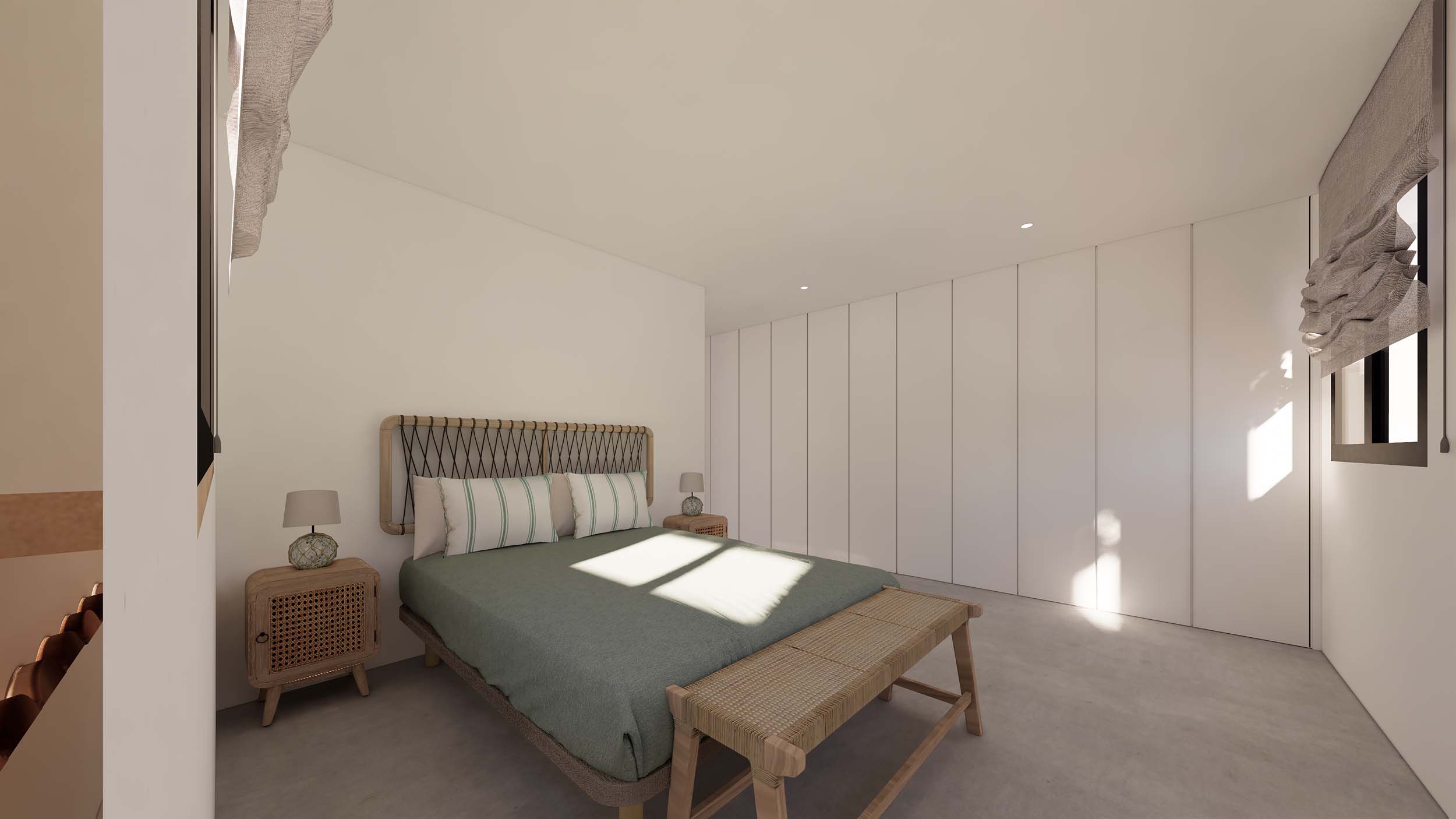 Dormitorio de diseño minimalista con armarios empotrados blancos, cabecero de cuerda trenzada y mesitas de noche en madera natural con rejilla.