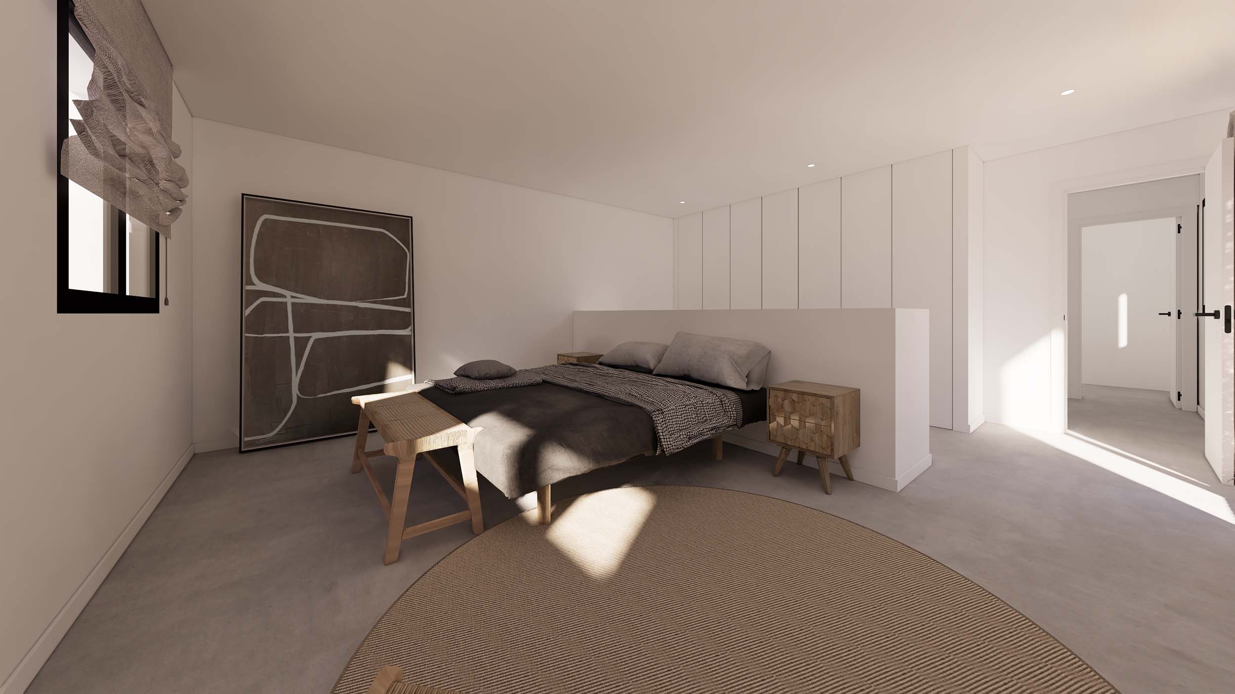 Dormitorio de diseño minimalista con cama en tonos grises, mesitas de madera tallada y armarios empotrados blancos. Destacan el banco de madera y la luz natural del ventanal.