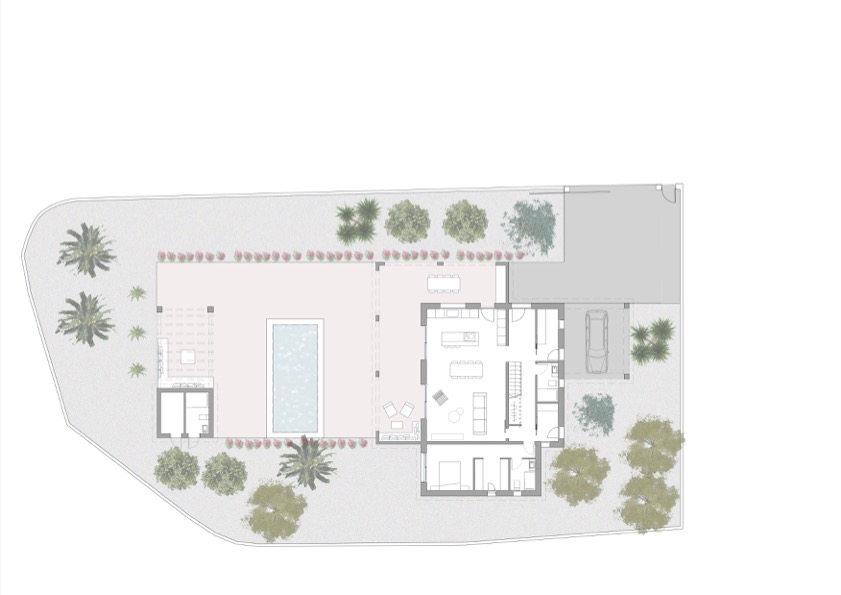 Plano detallado de la planta baja y exteriores que muestra la distribución del salón-comedor, cocina integrada, piscina privada y zonas ajardinadas en la parcela.