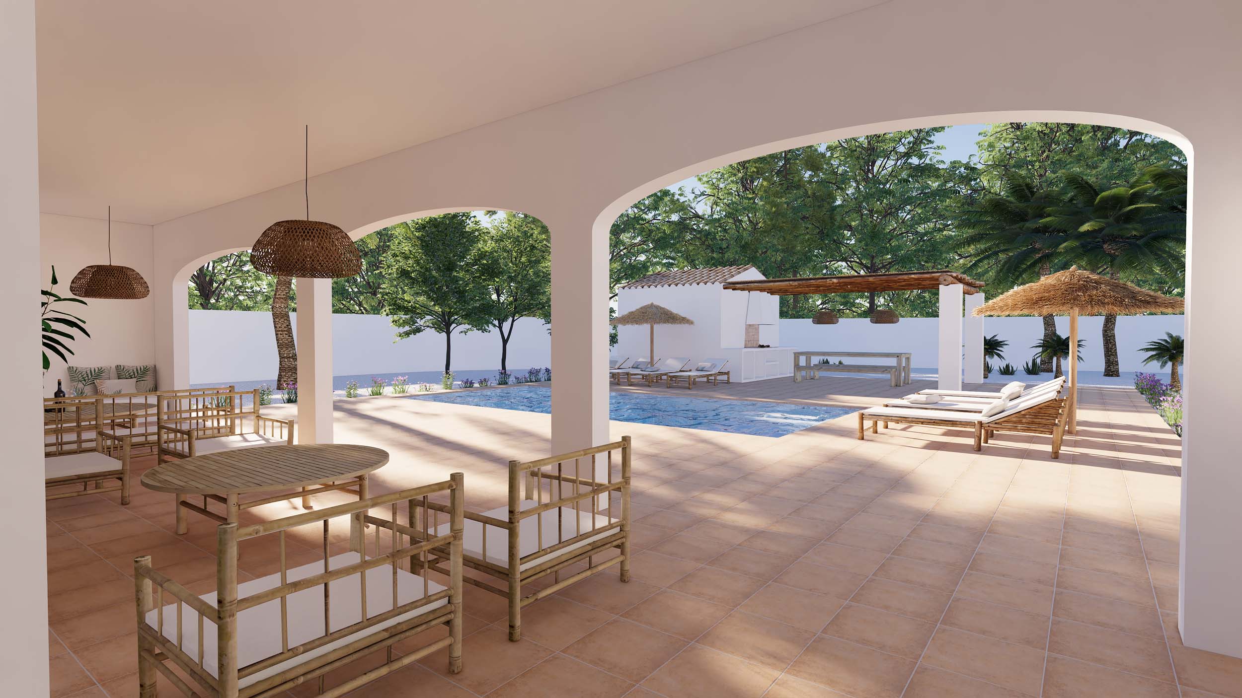 Porche cubierto con arcos blancos, mobiliario de bambú y lámparas de mimbre, con vistas a la piscina y zona de barbacoa rodeada de vegetación mediterránea.