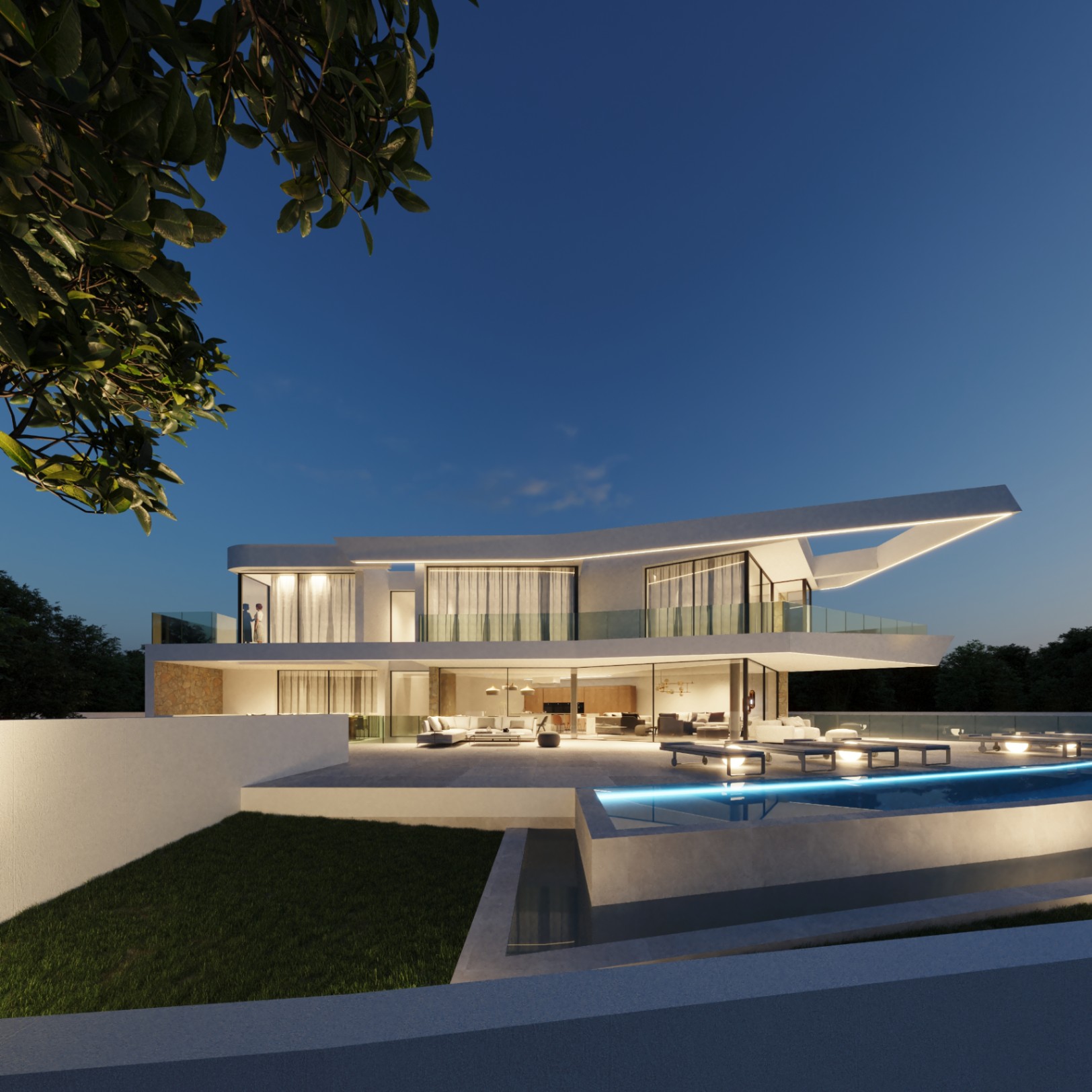 Fachada moderna al atardecer con iluminación LED lineal, piscina infinita retroiluminada y grandes superficies acristaladas que revelan el interior de concepto abierto.