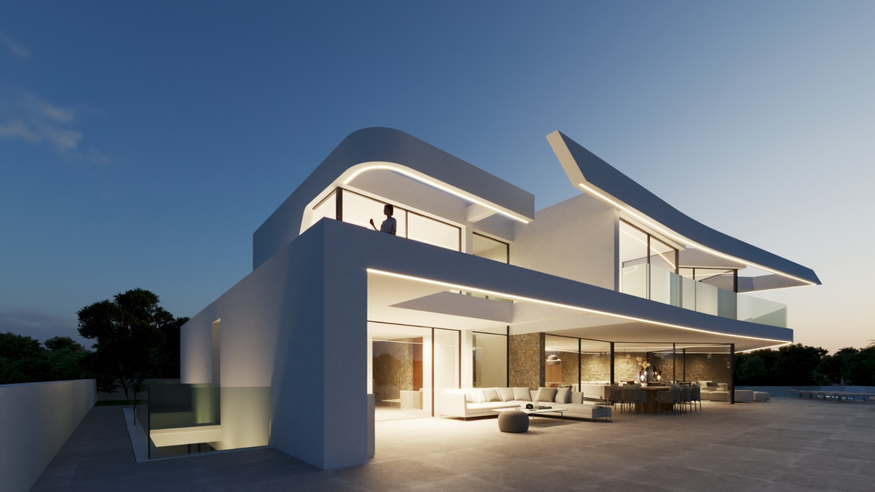 Fachada vanguardista con líneas curvas e iluminación LED integrada, destacando la amplia terraza con zona de estar y muros interiores de piedra natural.