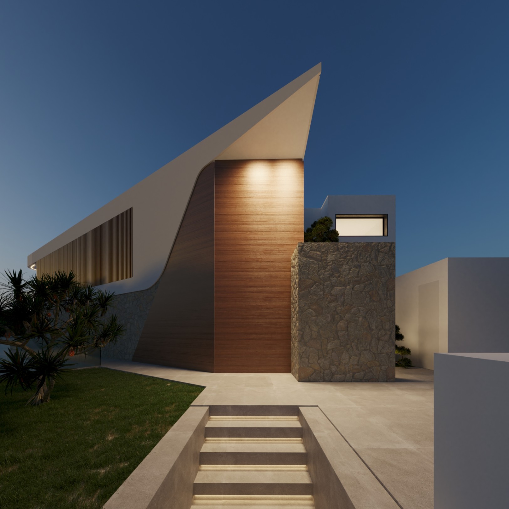 Fachada vanguardista con muros de piedra natural, paneles de madera y escaleras de hormigón iluminadas por LED bajo un techo de líneas angulares.