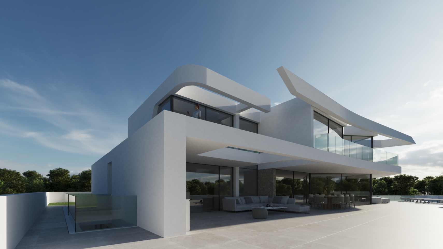 Fachada vanguardista de color blanco con estructuras voladizas, amplias terrazas con barandillas de cristal y una zona de estar exterior integrada.