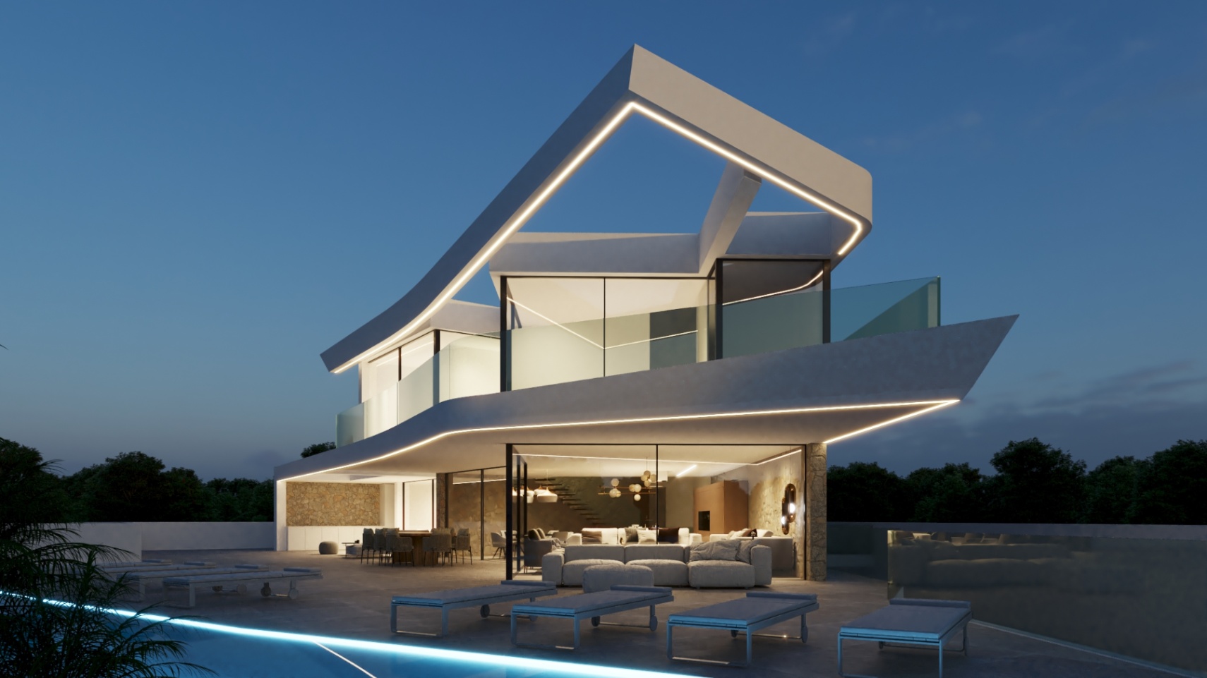 Fachada vanguardista iluminada por perfiles LED, con amplias terrazas de piedra, barandillas de cristal y una zona de estar exterior frente a la piscina infinita.
