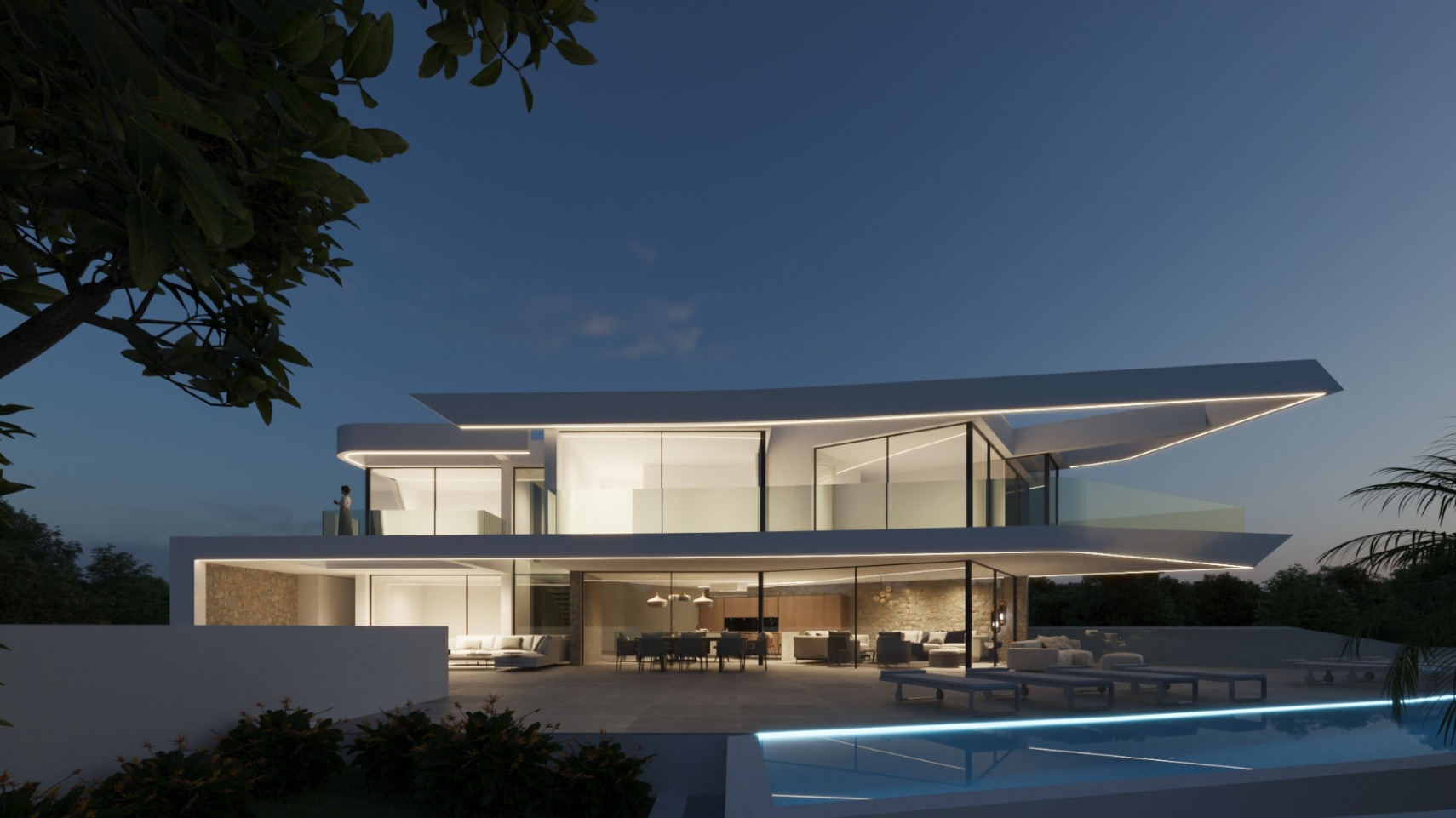 Vista nocturna de la fachada vanguardista con voladizos iluminados por LED, amplios ventanales de suelo a techo y una piscina infinity integrada en la terraza principal.