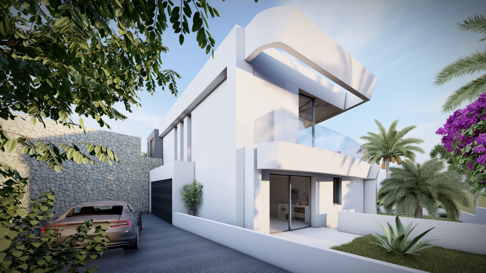 Fachada lateral de la villa con arquitectura geométrica blanca, garaje privado, muros de piedra natural y paisajismo mediterráneo con palmeras y buganvillas.