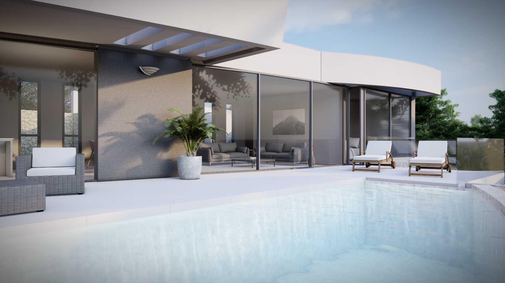 Terraza exterior con piscina infinita y mobiliario de diseño, conectada al salón mediante grandes ventanales de suelo a techo que integran los espacios.