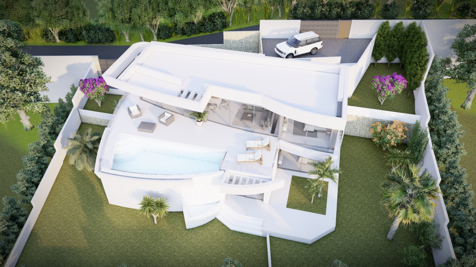 Vista aérea de la villa moderna con piscina infinita, amplias terrazas y jardín perimetral con palmeras. Incluye zona de aparcamiento privada y muros de piedra natural.