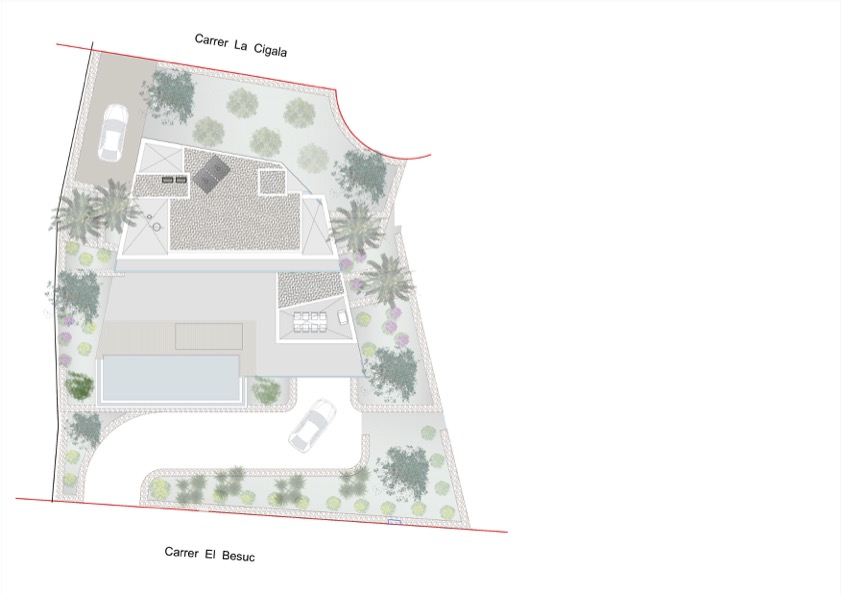Plano general de la parcela que muestra la distribución exterior, incluyendo la piscina, zonas ajardinadas y accesos desde Carrer La Cigala y Carrer El Besuc.