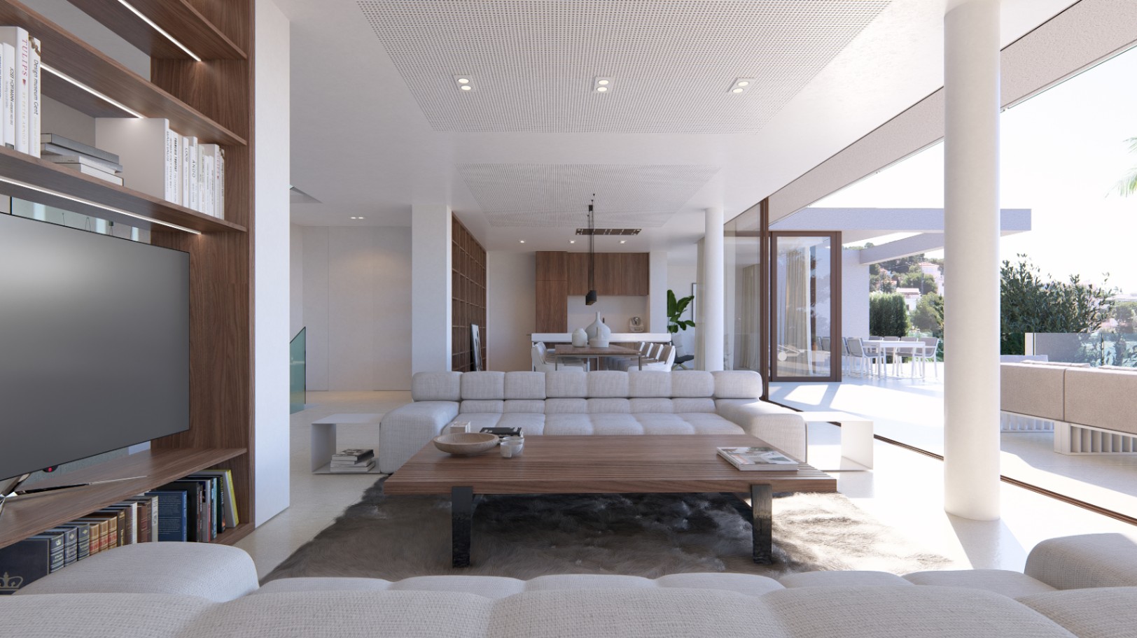 Salón luminoso con estantería de madera y vistas a la terraza exterior.