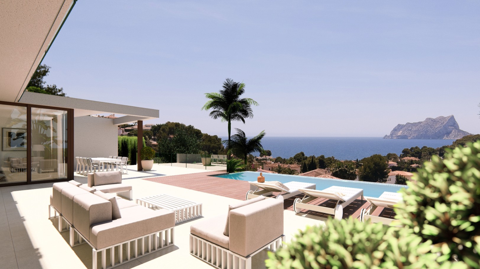 Terraza con piscina y vistas al mar, mobiliario de exterior en tonos neutros.