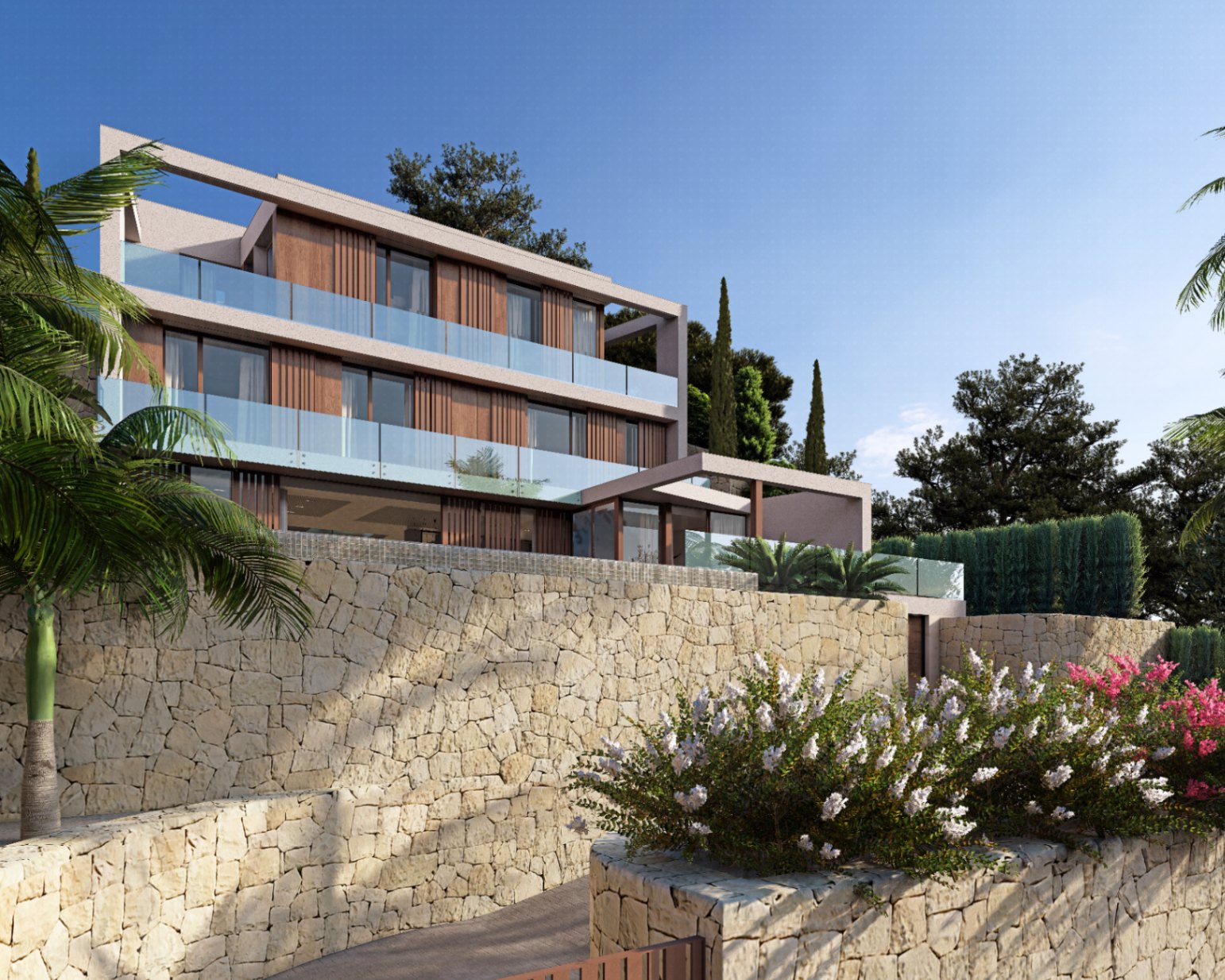 Vista exterior de la villa con fachada de madera y muros de piedra natural.