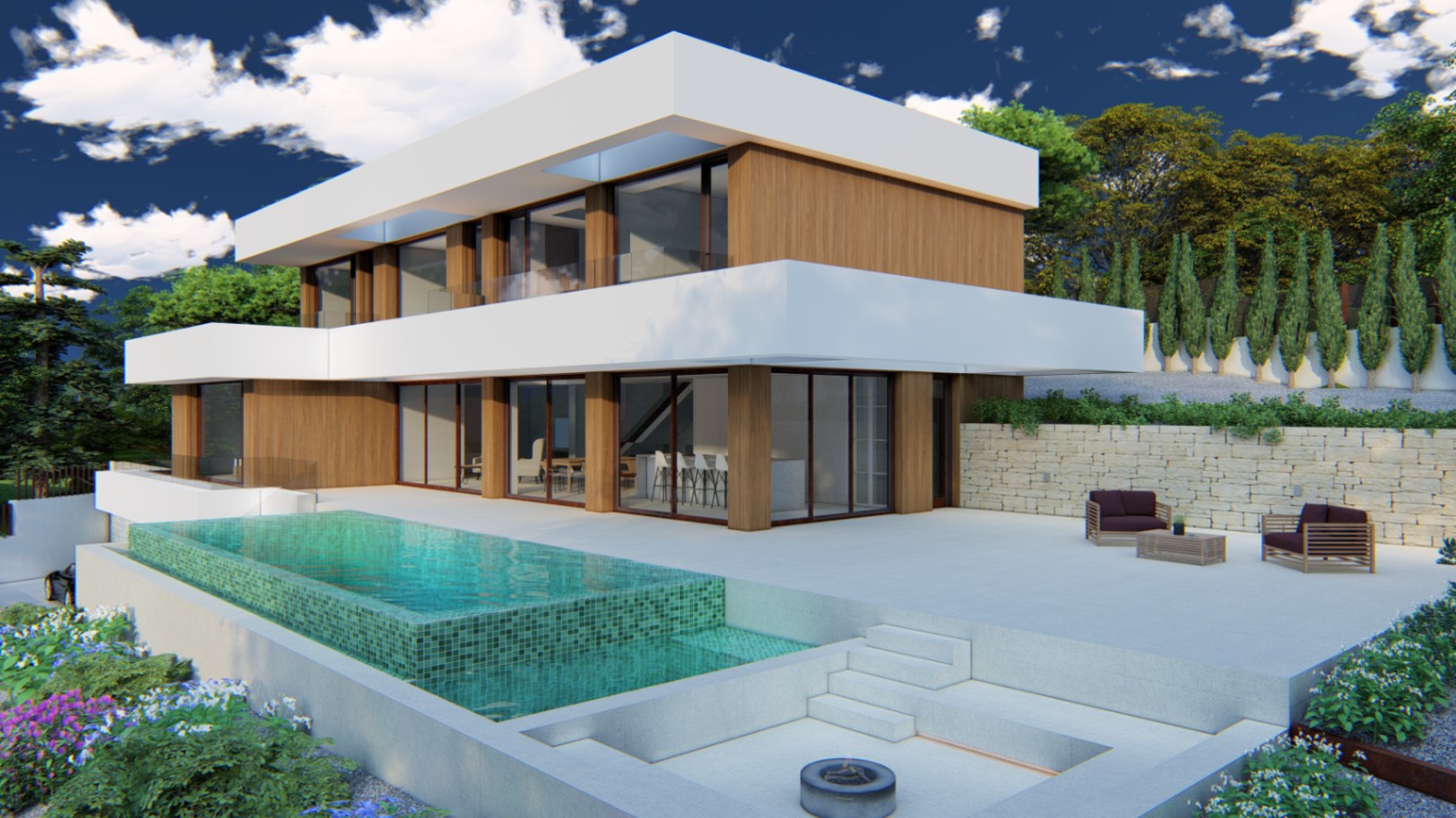 Exterior de villa moderna con fachada de madera y blanco, piscina desbordante de mosaico turquesa y zona de estar exterior con brasero integrado.