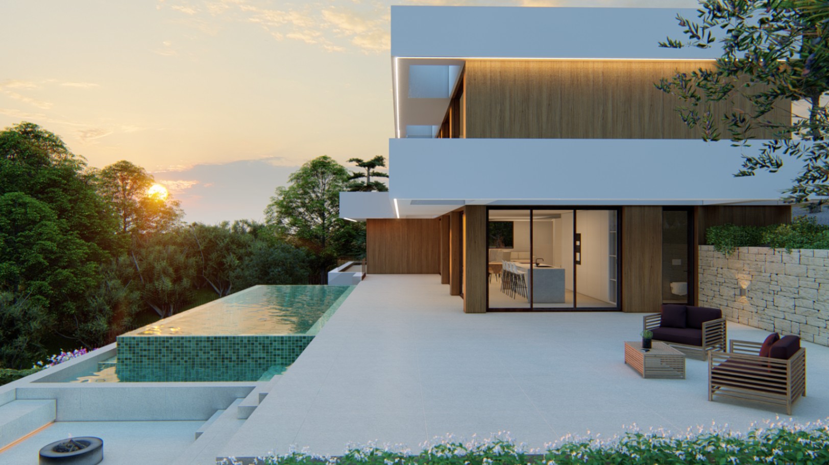 Fachada moderna con revestimiento de madera y amplios ventanales. La terraza principal incluye una piscina infinita de gresite verde y zona de estar exterior al atardecer.