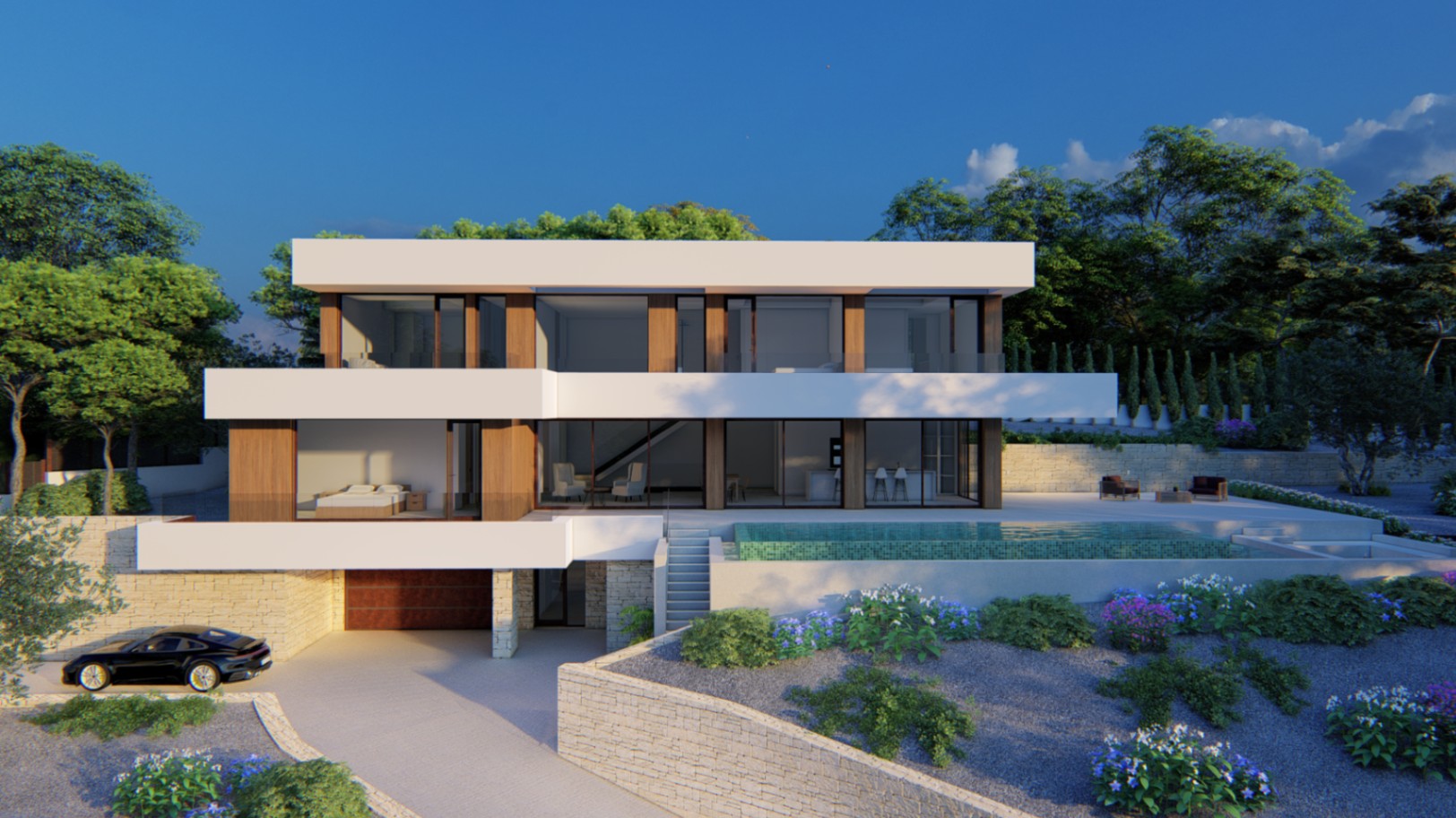 Fachada moderna de tres niveles con volúmenes blancos, paneles de madera y muros de piedra. Destaca la piscina infinita integrada en una amplia terraza con ventanales de suelo a techo.