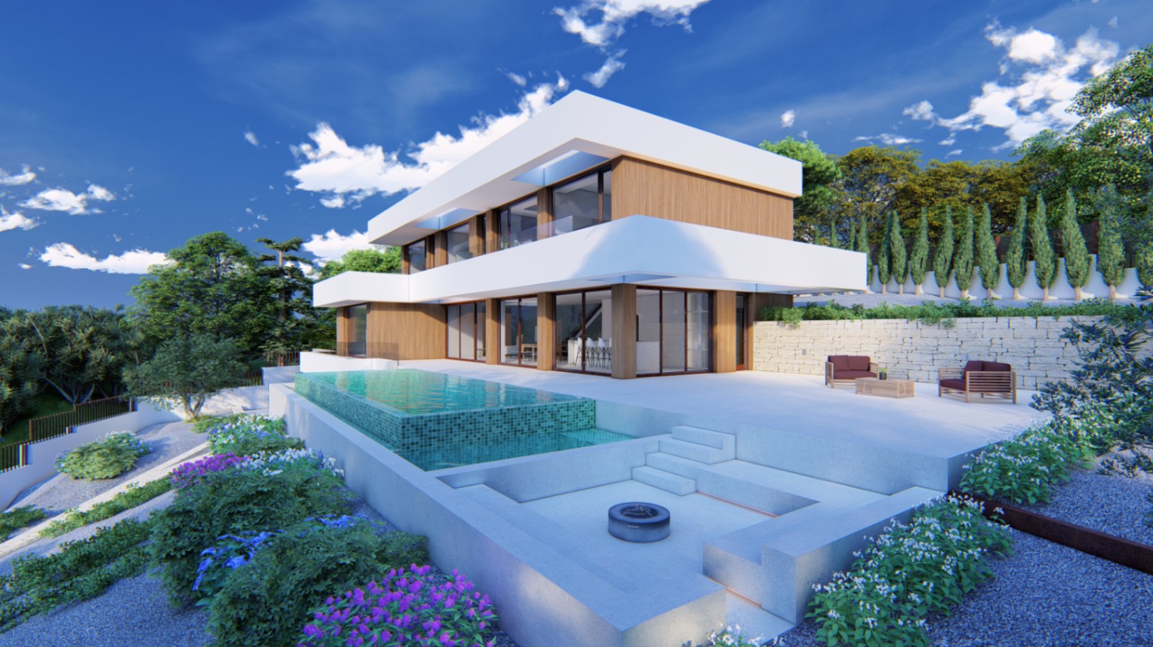 Vista exterior de la villa con fachada de madera y blanco, piscina desbordante y zona de estar hundida con brasero, rodeada de jardines mediterráneos.