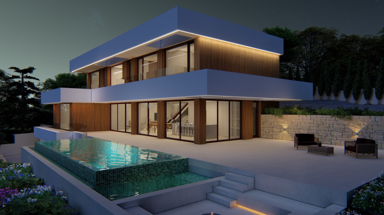 Vista nocturna de la fachada con revestimiento de madera, piscina desbordante de mosaico verde y amplia terraza con iluminación LED integrada y zona de estar.