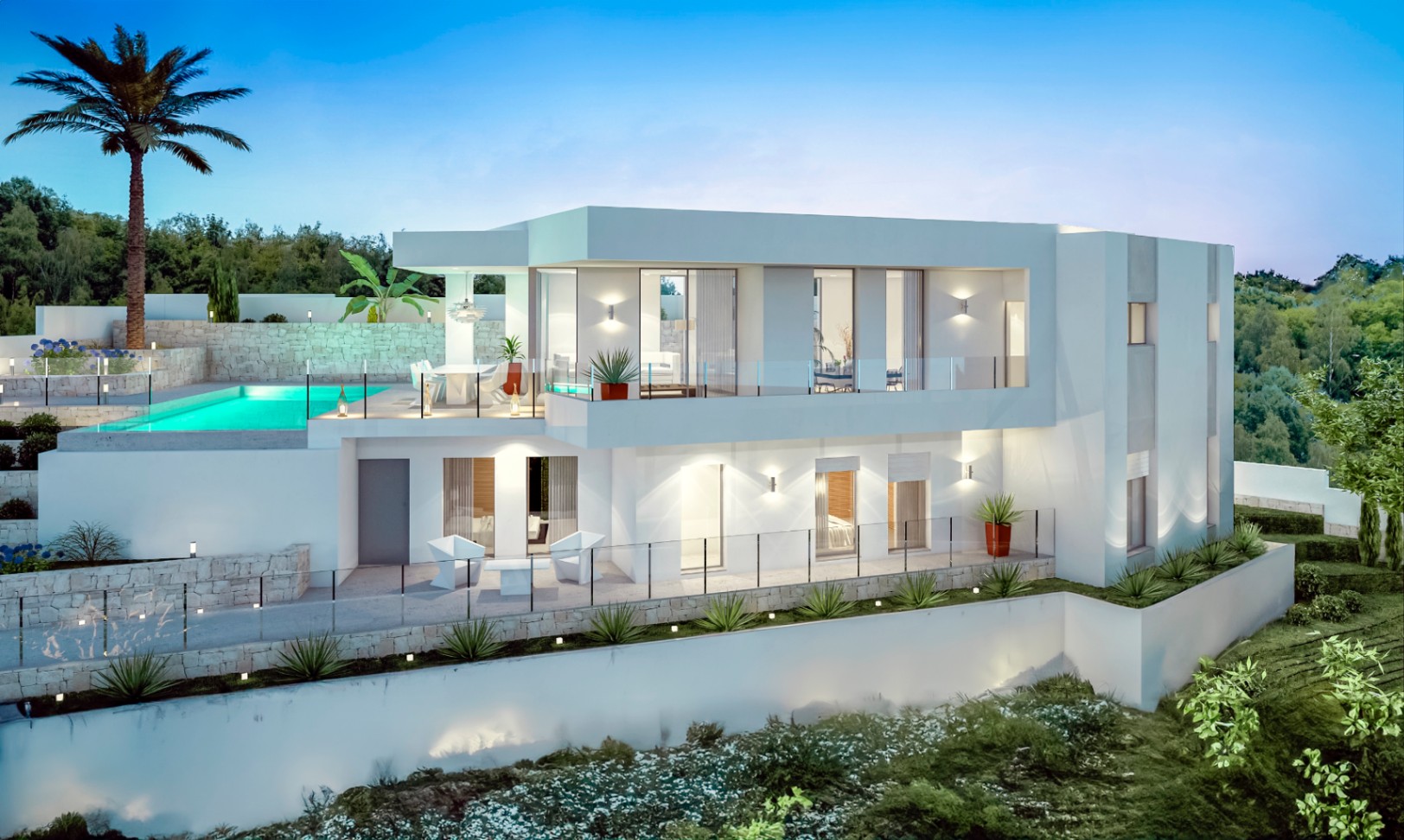 Fachada exterior de villa moderna con dos niveles, piscina infinita en planta superior, barandillas de cristal y muros de piedra natural iluminados al atardecer.