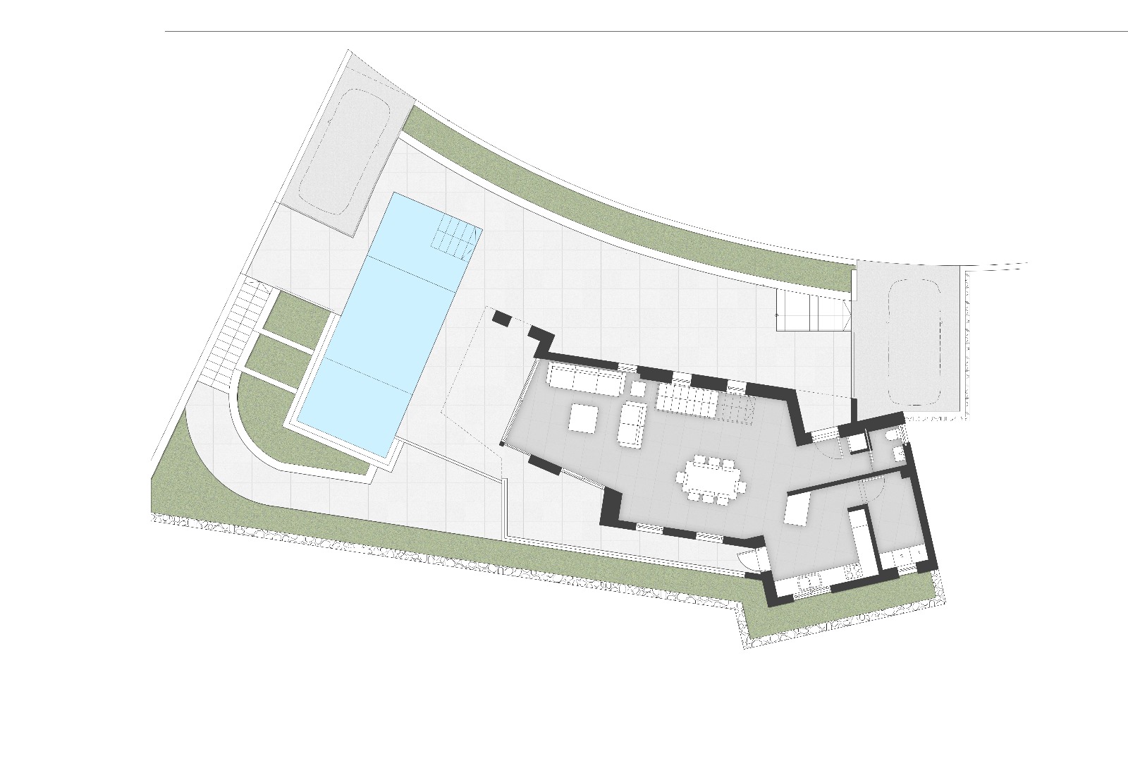 Plano detallado de la planta superior que muestra el salón de planta abierta, la cocina integrada y la amplia terraza con piscina infinita.