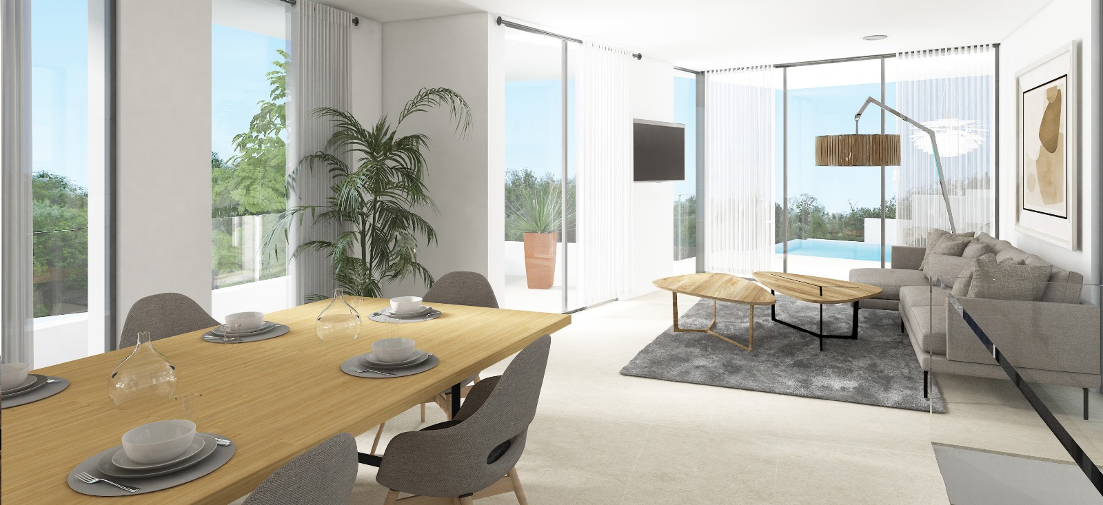 Salón-comedor de concepto abierto con mobiliario de madera clara, amplios ventanales de suelo a techo y acceso directo a la terraza con piscina.